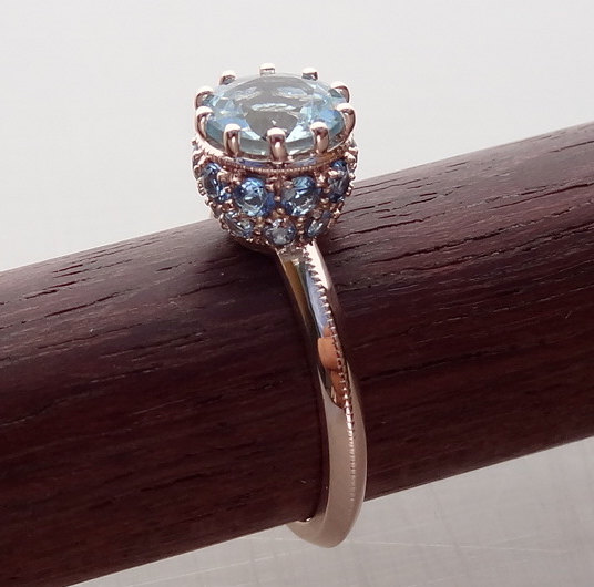 Hochzeit - Aquamarine Crown Solitaire Rose Gold Engagement Ring Vintage / Antique Style Basket with Aquamarine 14k