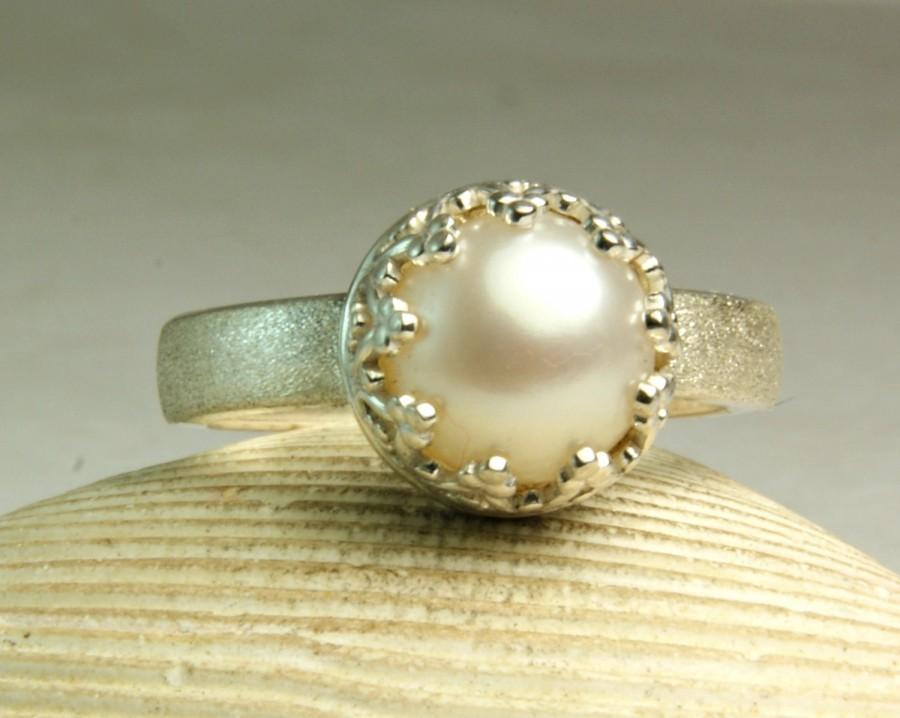 Wedding - Sterling Silver Pearl Ring, Everyday Jewelry, Fancy Crown Setting, Alternative Wedding Ring