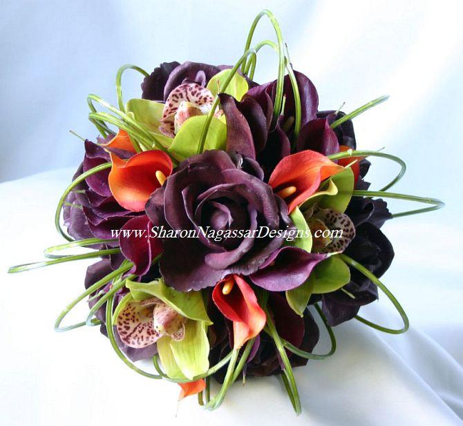Hochzeit - Wedding, Eggplant, plum, deep purple, green, orange bouquet, Real Touch flowers, roses, orchids, calla lilies, Bride, Groom silk wedding set