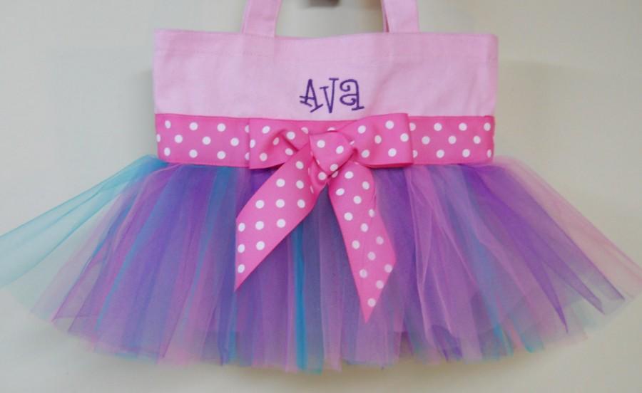 Wedding - Pink Tote Bag with Pink, Purple and Teal Tulle and Pink Polka Dot Ribbon Embroidered Tutu Tote Bag - TB190 - D