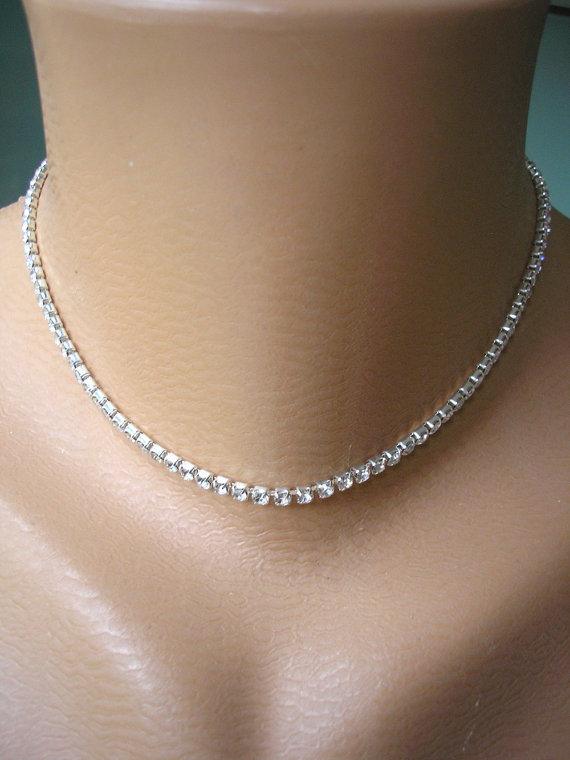 Wedding - Single Strand Rhinestone Choker, Diamante Necklace, Great Gatsby, Sparkly Necklace, Minimalist Choker, Party, Prom, Choice of Colors & Sizes