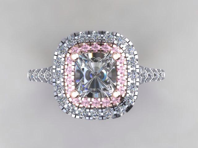 زفاف - Diamond Halo Engagement Ring 6mm Cushion Cut Forever Brilliant Moissanite Center 18kt Rose & White Gold Ring Pink Sapphires and Diamnds Ring