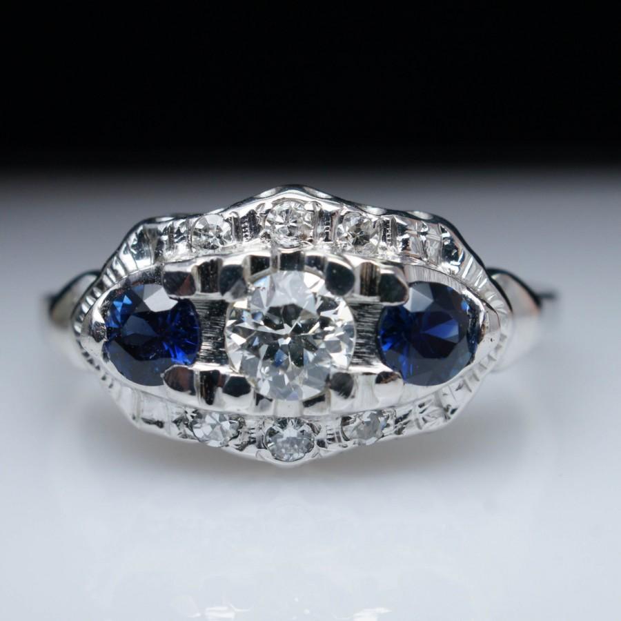 Hochzeit - Vintage Edwardian Diamond & Sapphire Engagement Ring 18k White Gold Three Stone Ring Wedding Ring