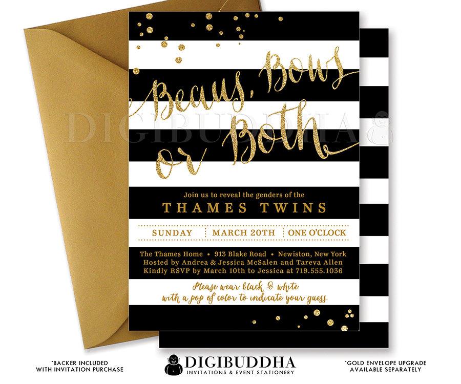 Mariage - TWINS GENDER REVEAL Baby Shower Invitation Black & White Stripe Modern Gold Glitter Whimsical Neutral Free Shipping or DiY Printable - Wendy