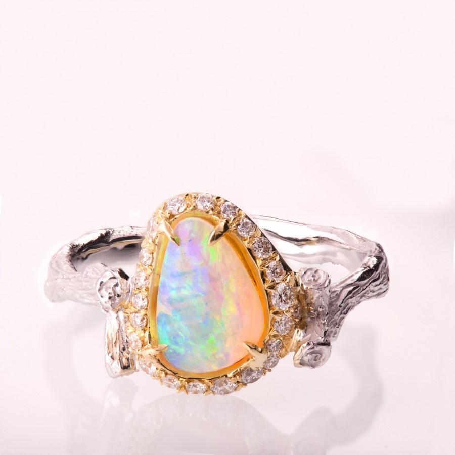 Hochzeit - Twig Opal Engagement Ring, Opal engagement ring, Unique Engagement ring, Opal ring, Diamond Opal Ring, Twig Opal Ring, two tone Opal Ring