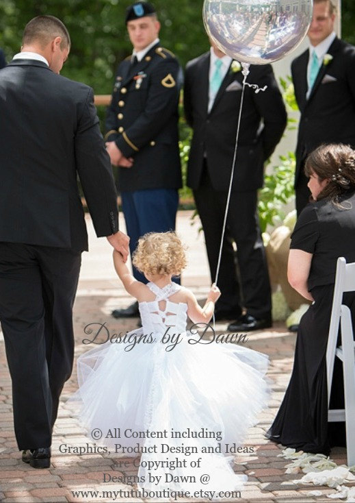 Mariage - White Flower Girl dress. Lace Mini Bride Dress with train! More colors available. Size 6m-10 Girls