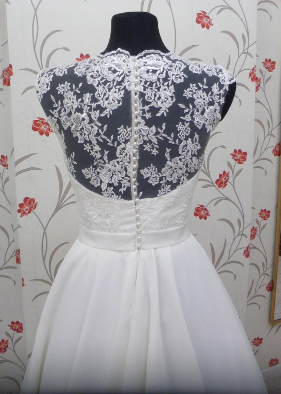 زفاف - Vintage Inspired Tea Length Wedding Dress with Lace Corset, Illusion Lace Neckline, Close Lace Back, Sweetheart, Chiffon Skirt