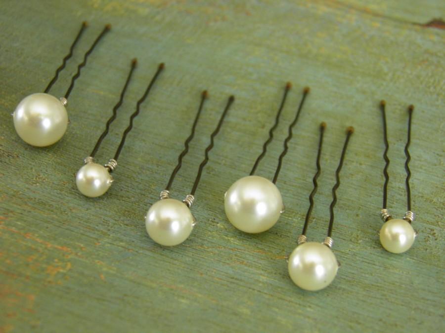 Mariage - 6 Ivory 6mm 8mm and 10mm Swarovski Crystal Pearl Hair Pins