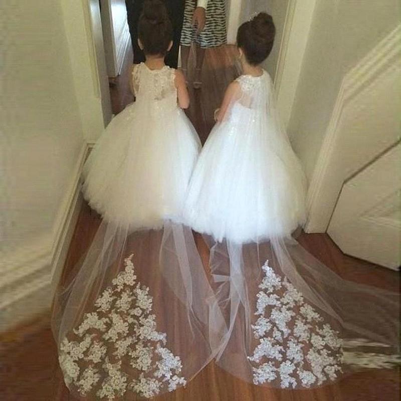 Mariage - Ball Gown White Flower Girl Dress with Lace Top Court Train