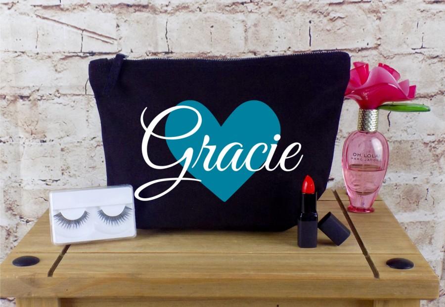 Wedding - Personalised Make Up Bag Or Wash Bag - Unique Wedding Gift for Bridal Party - Heart and Name - Bridesmaid Gift, Birthday Present