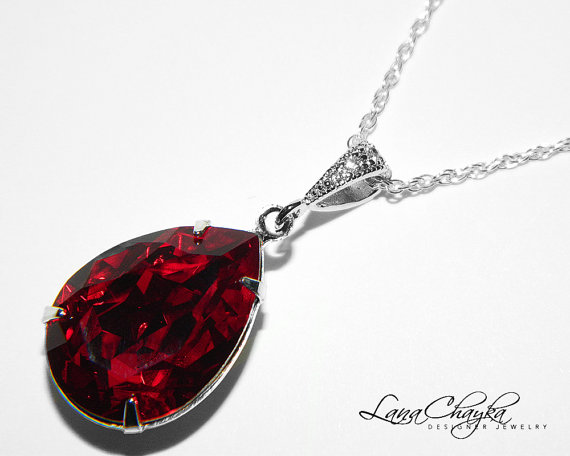 Mariage - Dark Red Crystal Necklace Siam Red Rhinestone Necklace Swarovski Siam Wedding Necklace Red Teardrop Sterling Silver Necklace