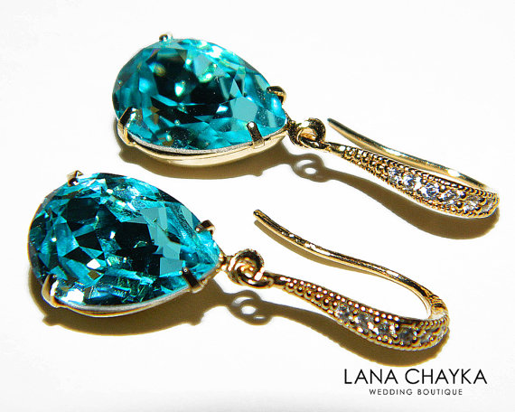 Mariage - Light Turquoise Crystal Gold Earrings Swarovski Light Turquoise Earrings Teal Turquoise Rhinestone Teardrop Earrings Wedding Earrings