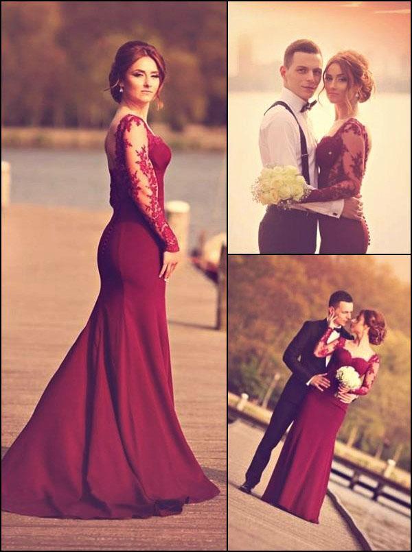 Wedding - A-Line Sweetheart Long Sleeve Burgundy Prom Dress With Lace Appliques