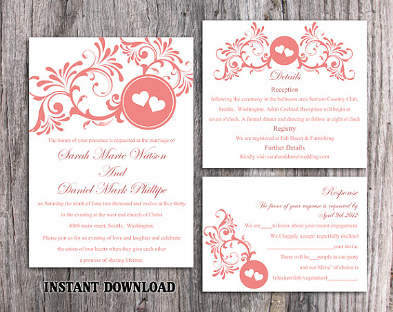 Mariage - DIY Wedding Invitation Template Set Editable Word File Instant Download Printable Invitation Red Wedding Invitation Heart Invitation