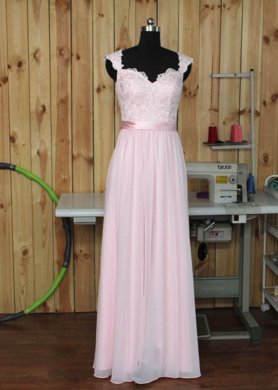 Mariage - 2015 Pale Pink Bridesmaid dress, Lace Chiffon Wedding dress With Straps, Formal dress, Prom Dress,Woman Evening dress floor length