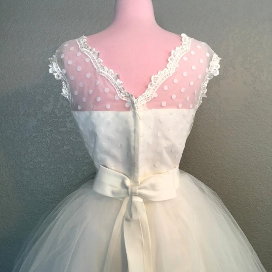 Hochzeit - Retro Polka Dot Short Wedding Dress - White or Ivory Wedding Dress - Vintage Inspired Wedding Dress
