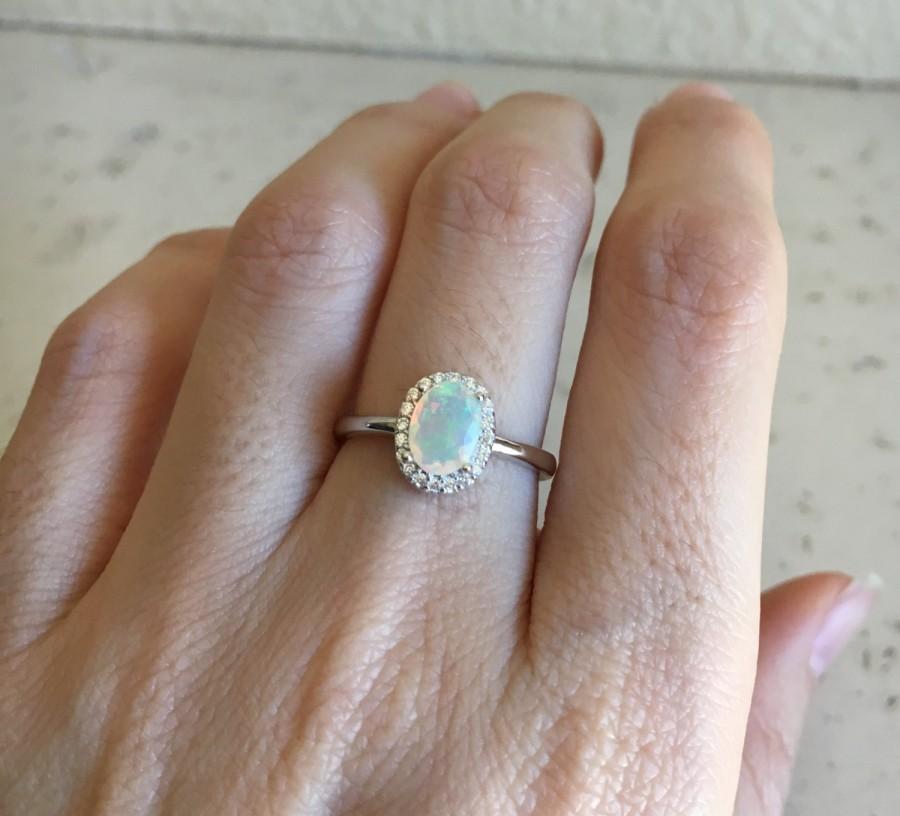 Hochzeit - Oval Halo Engagement Ring- Genuine Opal Promise Ring- Bridal Wedding Gemstone Ring- Solitaire Sterling Silver Ring- October Birthstone Ring