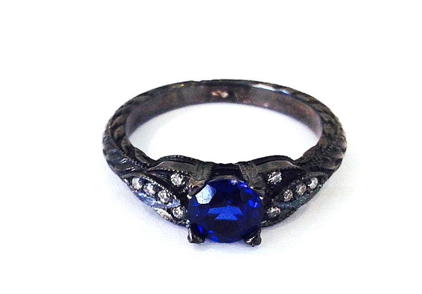 Hochzeit - Sapphire Engagement Ring 14k Black Gold With Diamonds, Diamond Ring,Blue Sapphire Ring, Milgrain Ring, Black Gold Ring, Gem Ring