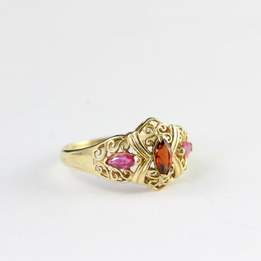 Mariage - Ruby and garnet vintage ring in 9 carat gold