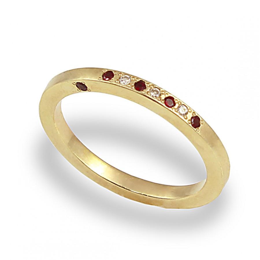 زفاف - Unique Engagement Ring , Diamond and Garnet Ring , 14k Yellow Gold , Diamond Anniversary Ring , For Women , Gift For Her , Mother Ring