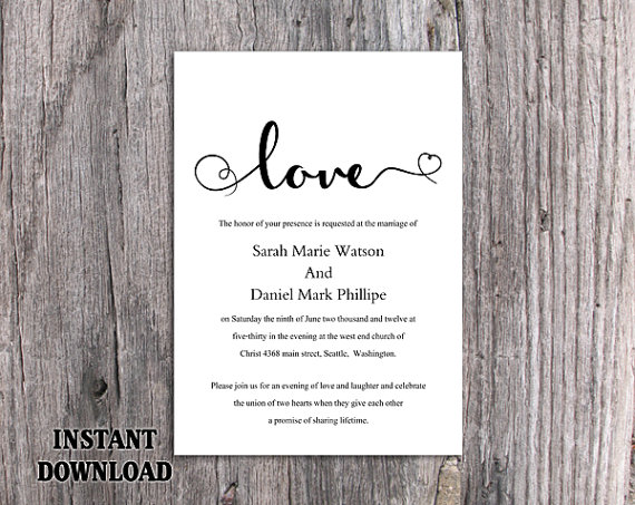 Mariage - DIY Wedding Invitation Template Editable Word File Instant Download Printable Invitation Black & White Invitation Elegant Heart Invitation