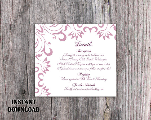 Wedding - DIY Wedding Details Card Template Editable Word File Download Printable Purple Details Card Lavender Details Card Elegant Information Cards