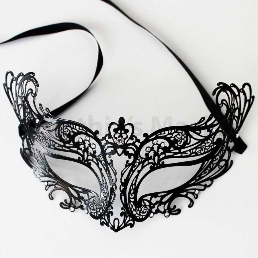 زفاف - Black laser cut Venetian Filigree Fox Mask Masquerade w/ Clear Rhinestones  SKU: 6G13B