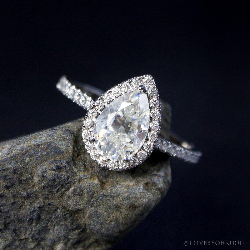 Hochzeit - Forever Brilliant Pear Moissanite Diamond Halo Engagement Ring - 14kt White Gold - Handmade