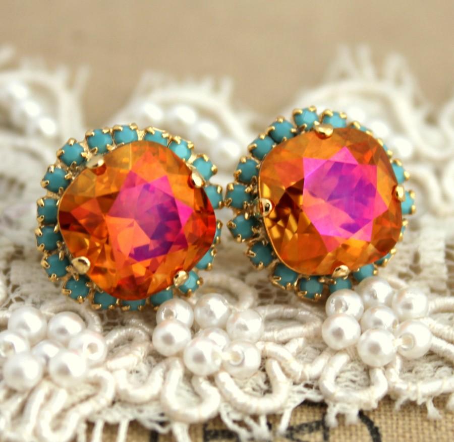 Wedding - Orange Swarovski Earrings,Coral Mint Stud Earrings,Orange Turquoise Bridal Earrings,Bridesmaids Earrings,Gift for Her,Orange Swarovski Studs