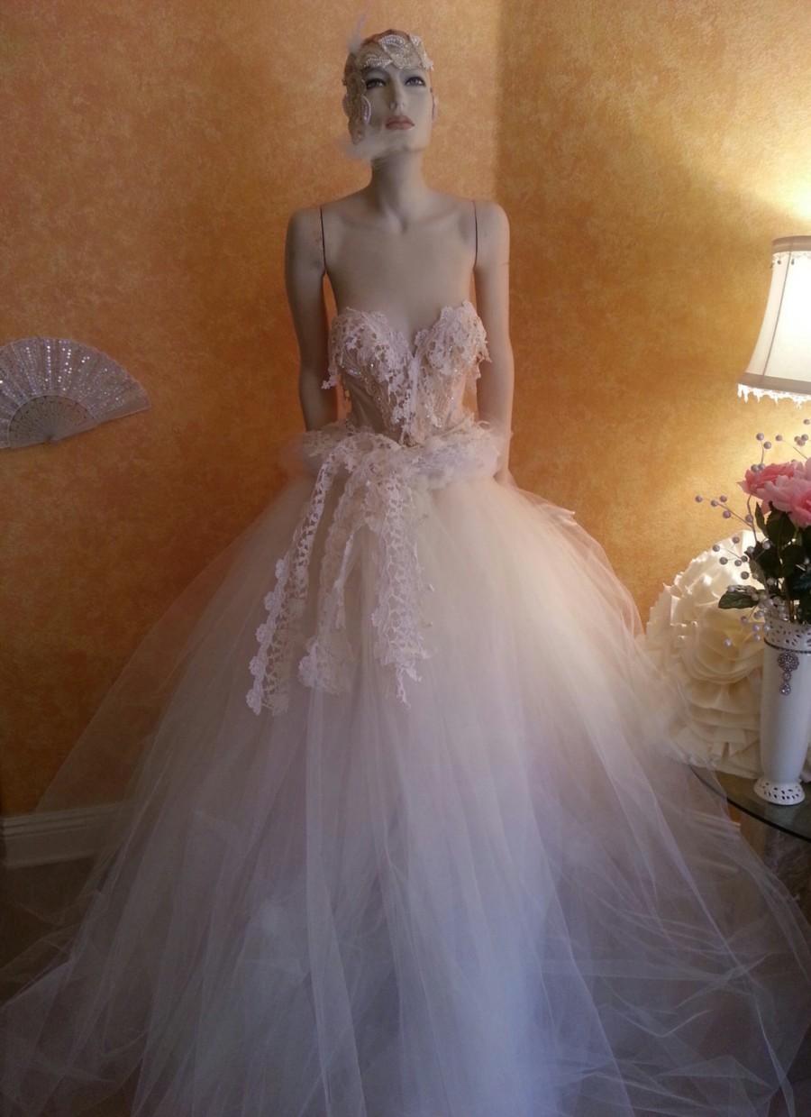 زفاف - Sample Gown Listing / Champagne Ivory Lace Crystal Jewel Corset Bustier Tulle Bridal Wedding Gown Bridal,Club,Lingerie,Burlesque,Belly Dance