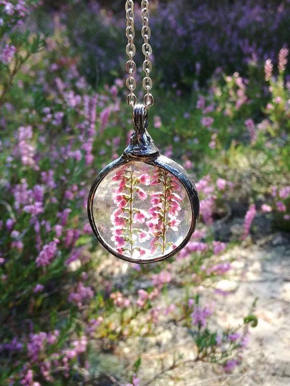 Wedding - Heather Terrarium necklace, woodland necklace, natural jewelry, Hippie Necklace, GOLD ROSE,one of a kind necklace by BUSTANI