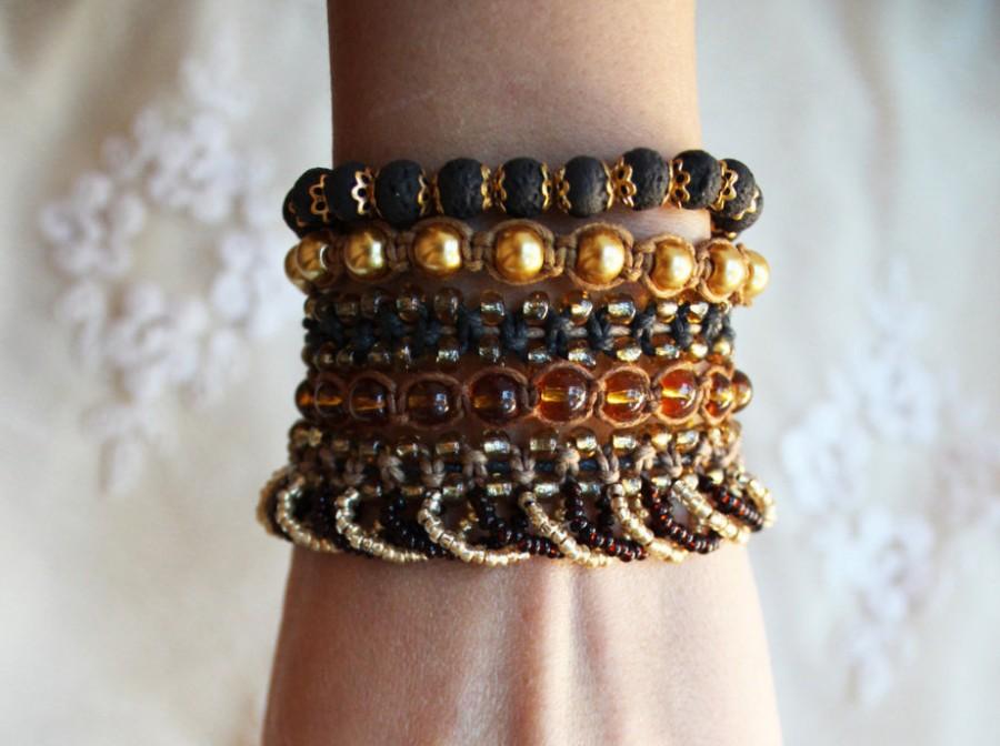 Свадьба - 5 PC SET, Beaded Bracelets set, Gold & Black bracelets set, Set of 5 bracelets, Boho bracelets, Bohemian bracelets, Boho bangle set, Fashion