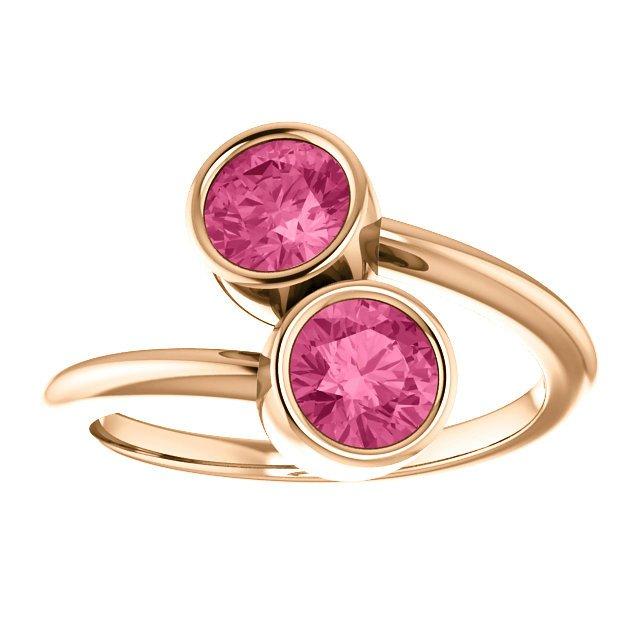 Hochzeit - Black Friday 2016 Cyber Monday Two Stone 5mm Pink Tourmaline Bypass Ring 14k Rose Gold