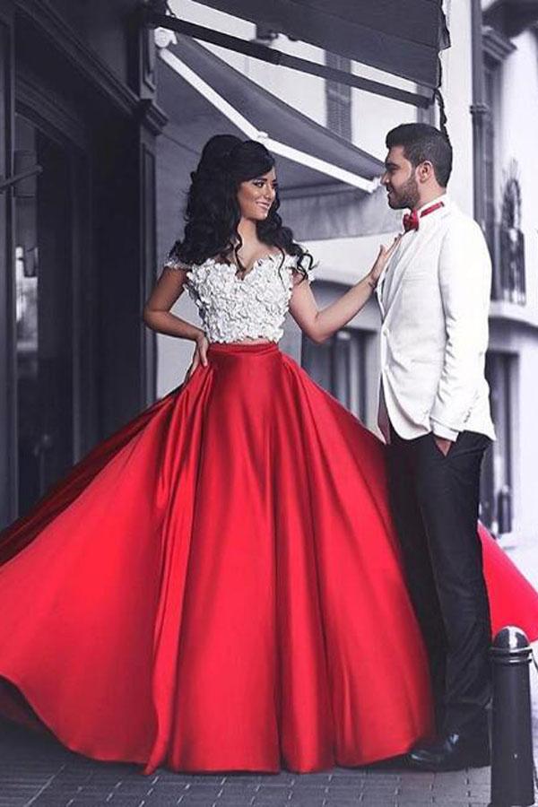 Wedding - Modern Two Piece Off Shoulder Floor-Length Red Prom Dress with Patchwork