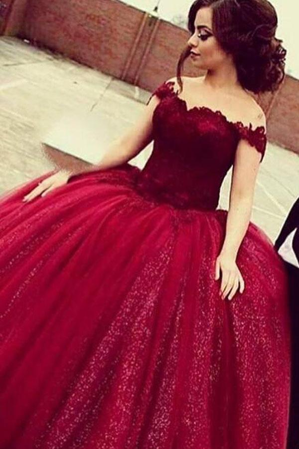 Wedding - Glamorous Off Shoulder Floor-Length Sequins Wine Prom Dress with Lace Top