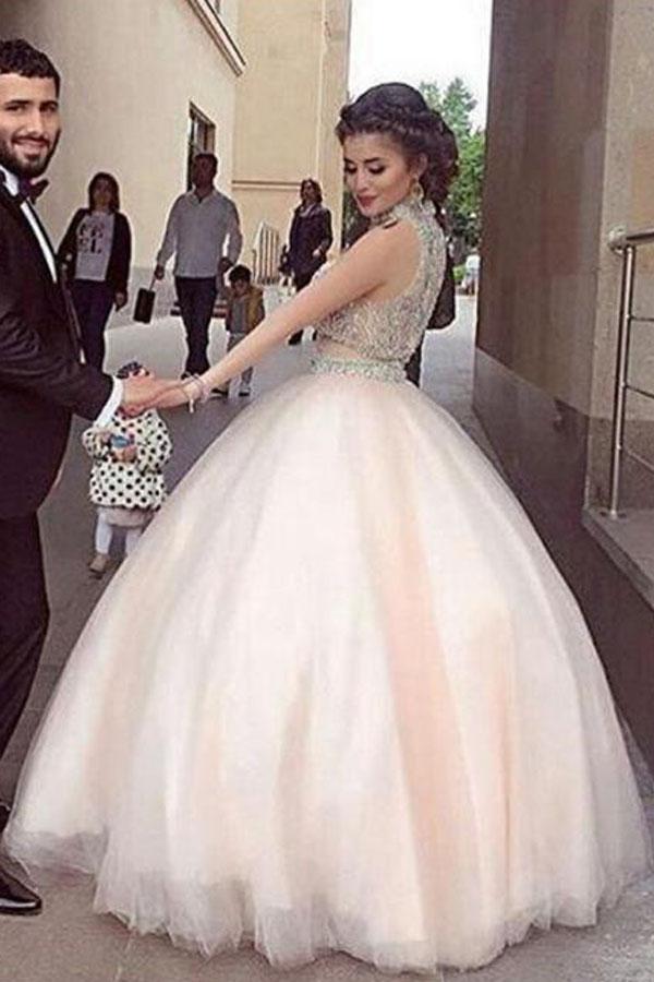 Hochzeit - Fabulous High Neck Two Piece Floor-Length Prom Dress with Beading
