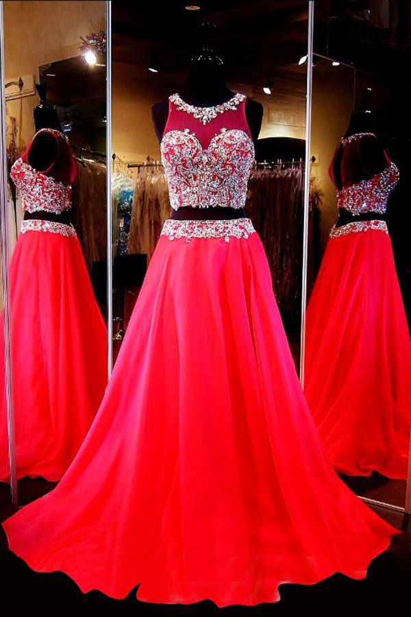 زفاف - Generous Two-Piece Scoop Sleeveless Red Chiffon Sweep Train Prom Dress with Beading