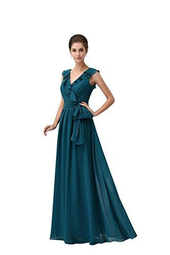 Hochzeit - Angelia Bridal Dark Green Double V-Neck Flounced Women Evening Dress Long Sash