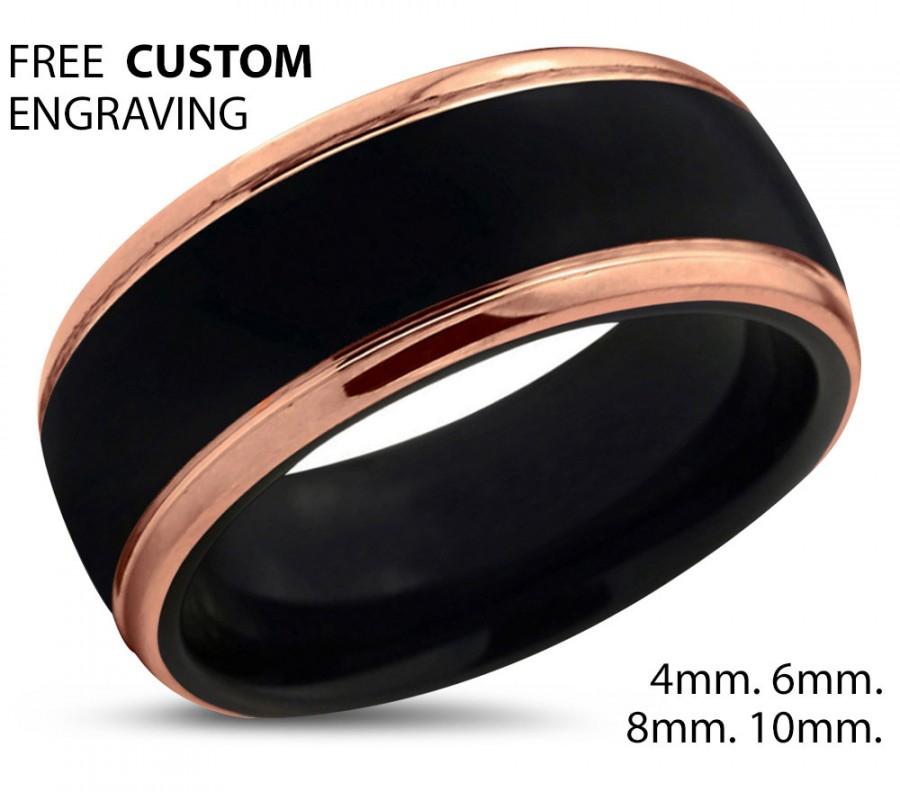 Свадьба - Black Tungsten Ring Rose Gold Wedding Band Ring Tungsten Carbide 10mm 18K Polished Ring Man Wedding Band Male Women Anniversary Matching