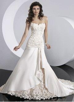 Mariage - A-Line/Princess Sweetheart Chapel Train Satin Lace Wedding Dress With Ruffle Appliques Lace