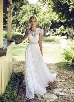 زفاف - A-Line/Princess Scoop Neck Floor-Length Chiffon Wedding Dress With Lace Beading