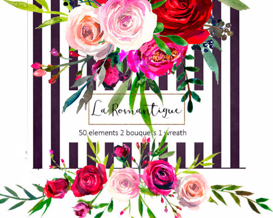 Wedding - Watercolor Floral Clipart Red Purple Pink Burgundy Roses Peonies Flower Bouquets Wreaths PNG Christmas Wedding Flowers Free Commercial Use