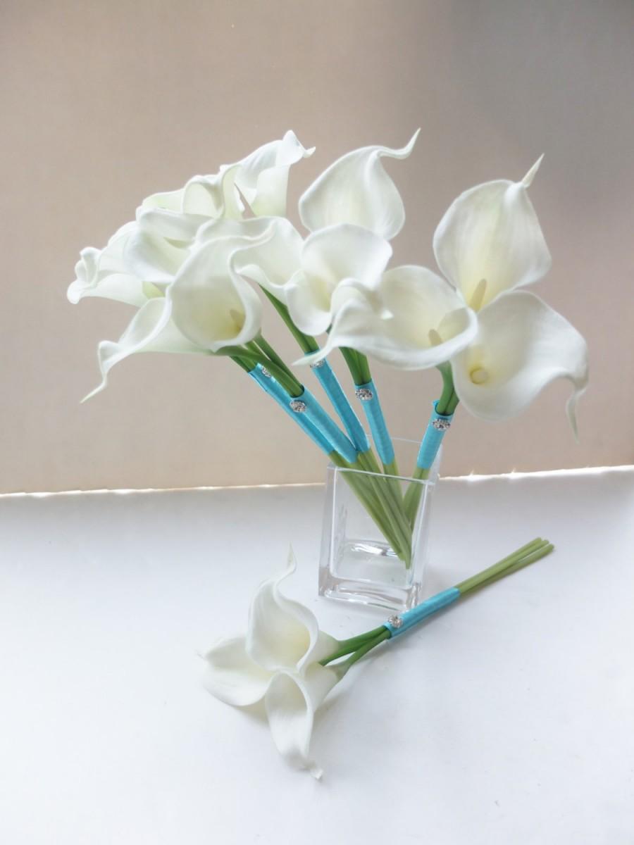 Hochzeit - Ivory Calla Lily Bridesmaid bouquet in light blue ribbon, Flower Girl Bouquet, Toss Bouquet