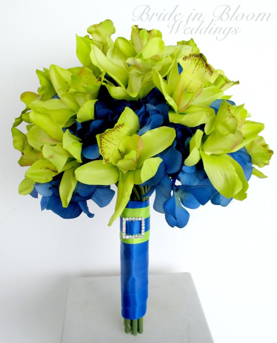 Wedding - Brides bouquet, Orchid Wedding bouquet, Royal blue lime green Silk wedding flowers