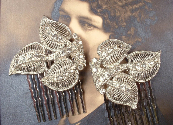 Wedding - Art Deco Wedding Hair Comb Pair Art Nouveau ANTIQUE Rhinestone Leaf Bridal HeadPiece Vintage 1920s 1930s Crystal Silver Dress Clip Accessory