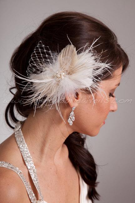 Wedding - Ivory Feather Birdcage Fascinator with Champagne Peacock Eye and Fresh Water Pearl and Rhinestone Center - Takoda
