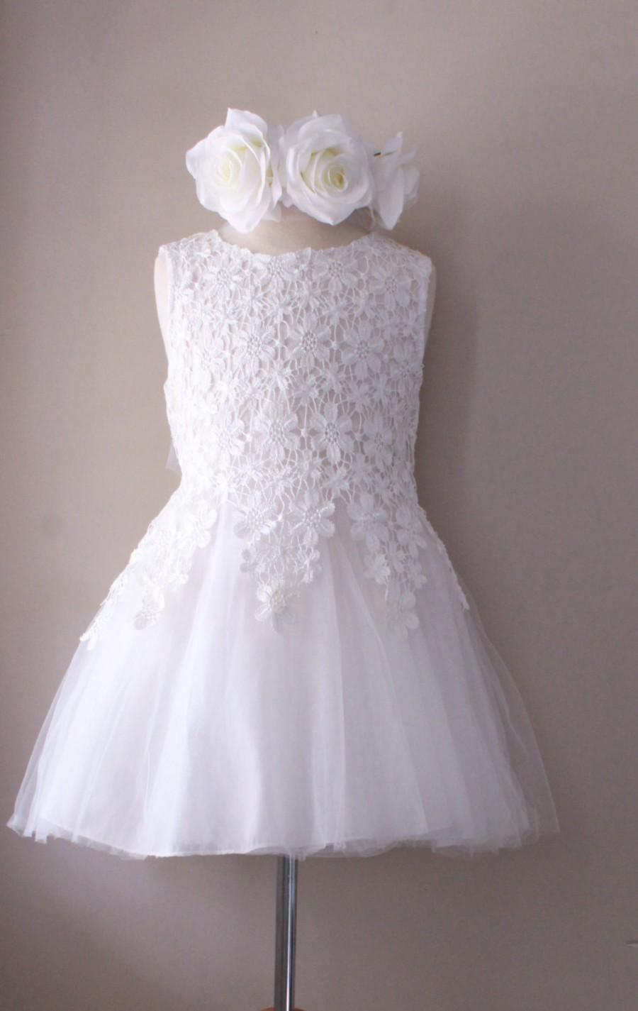 Mariage - White Flower Girl Dress- White Lace Flower Girl Dress- Couture Flower Girl Dress- Birthday Lace Girl Dress