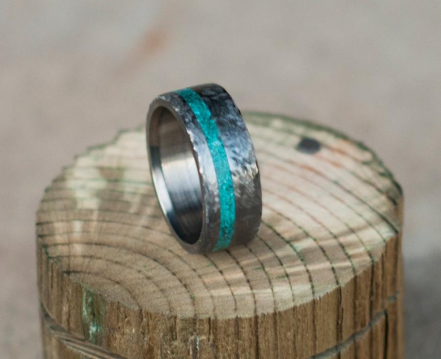Hochzeit - Mens Wedding Ring Hammered Titanium w/ Turquoise Inlay - Staghead Designs
