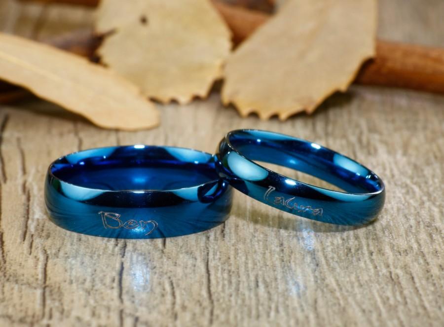 Свадьба - Special Custom Valentine's day Gifts for Couples, Express service, His and Her Promise Rings  - Blue Wedding Titanium Rings Set