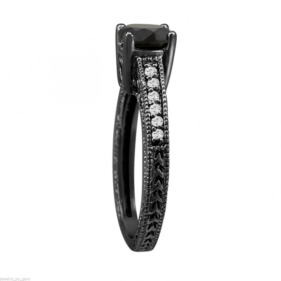 Wedding - Black Diamond Engagement Ring Vintage Style 14K Black Gold 0.62 Carat Antique Style Pave Handmade